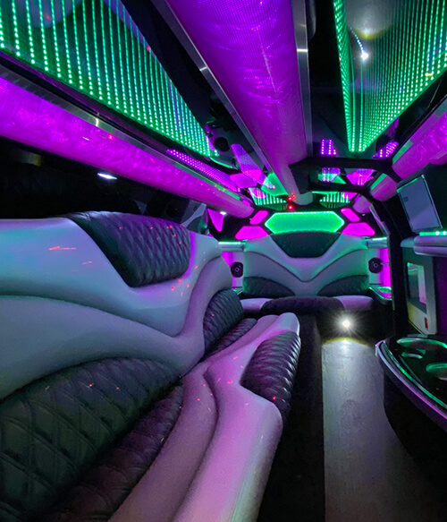 vibrant limo interior with custom couches