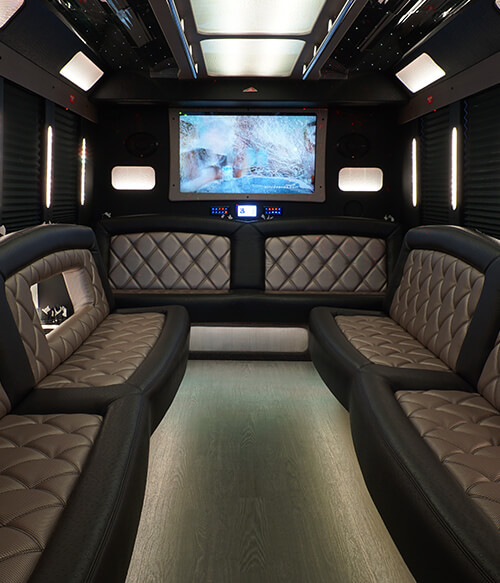 broad limo bus lounge with TV