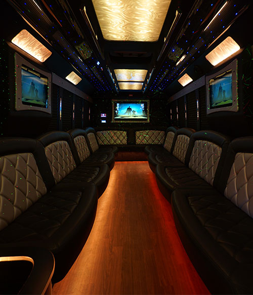 broad party bus lounge with HDTVs